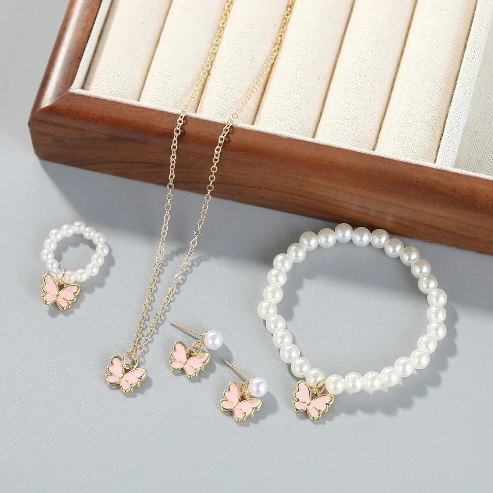 4 Sets Little Girls Dress Up Jewelry Gift Butterfly Pearl Bracelet Earring Necklaces Cute Kids Jewelry Set For Toddler Princess