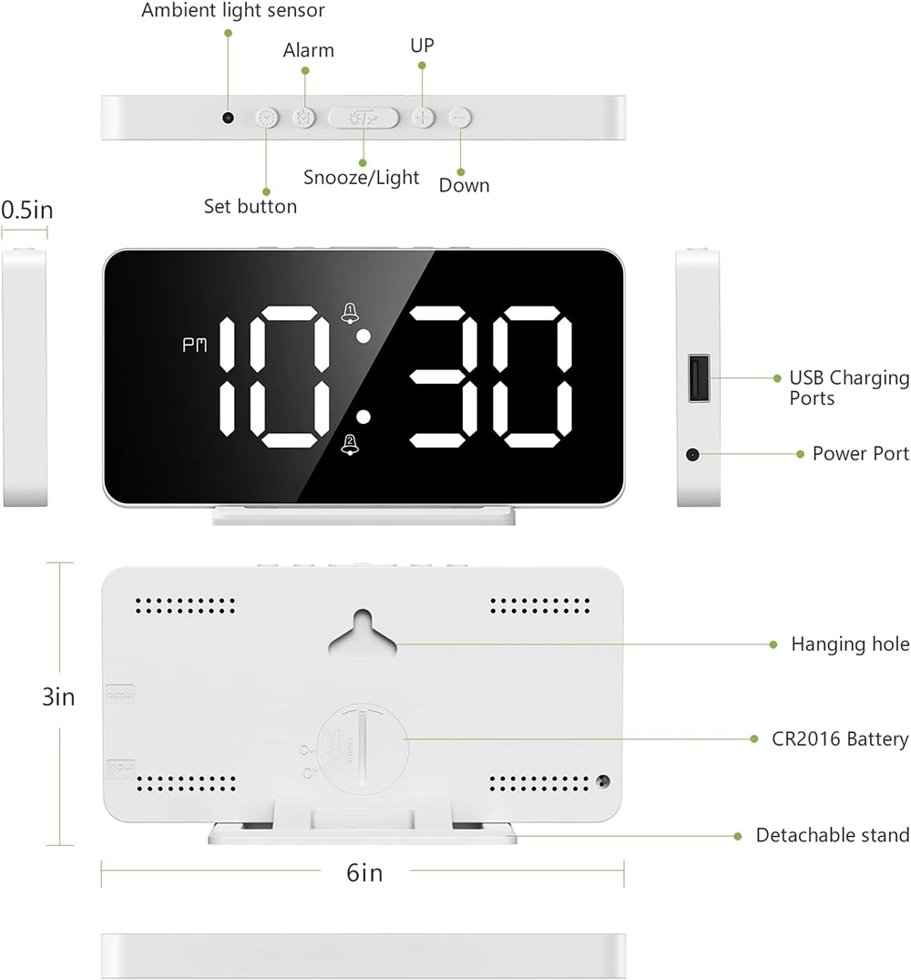 LED Snooze Clock 2 Alarms Digital Mirror Screen Time Date Display Electronic Clock USB Charging Photosensitive Digital Clock