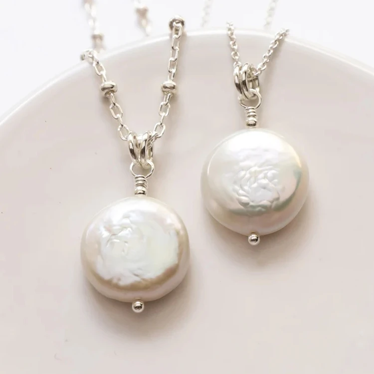 Luxury sterling silver single white coin water fresh pearl necklace for gift