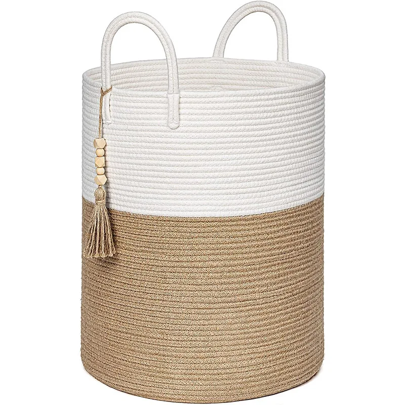 Large Woven Rope Laundry Basket with Handles Decorative Storage Basket for Clothes and Toys in Living room, Bedroom