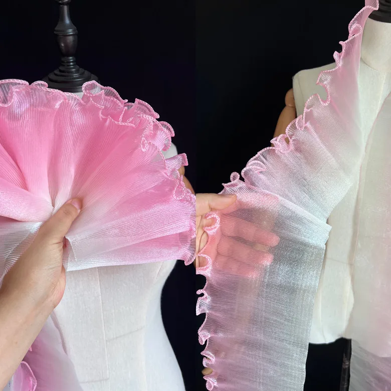 Gradient ruffle edge original three-dimensional pleated large lace iridescent gradient organza fabric