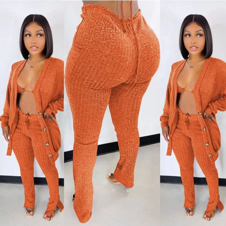 New Arrival Cardigan And Long Pants 3 Piece Set Lady 3PC Sweater Bikini And Skinny Pant Outfits Sexy Women Clothing