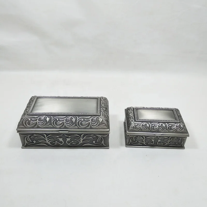 Zinc alloy small rectangle jewelry box with classical flower patternin in pewter plated