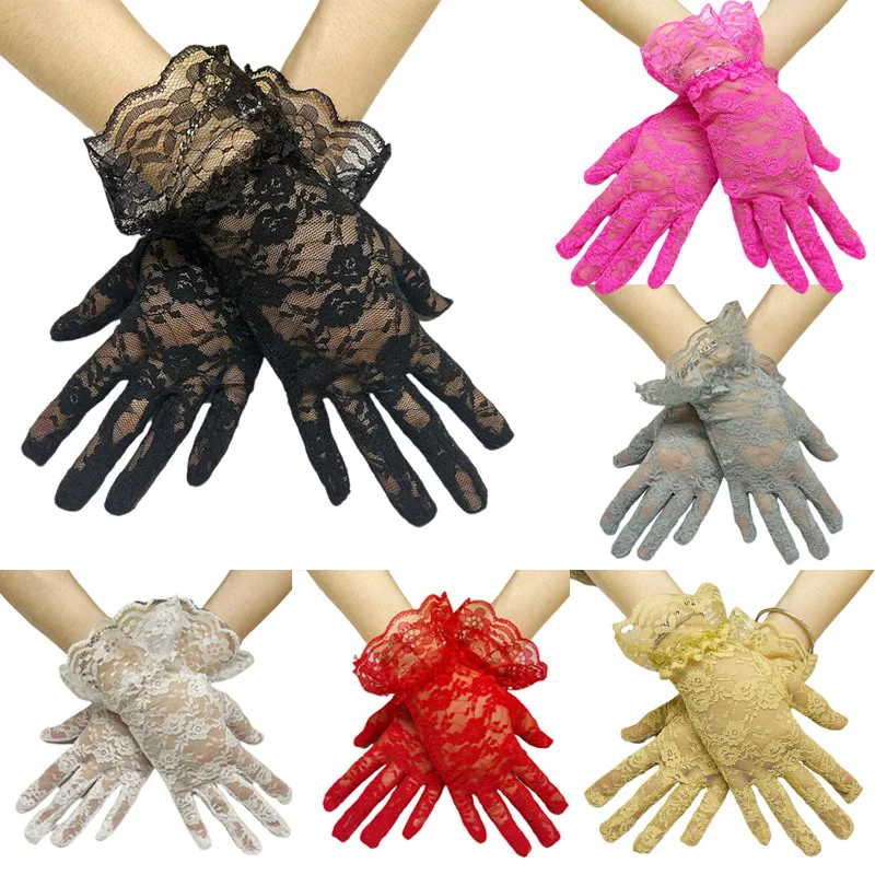 Wholesales In Stock Black Floral Sexy Lace Gloves Mesh Opera Gloves White Lace Gloves For Women
