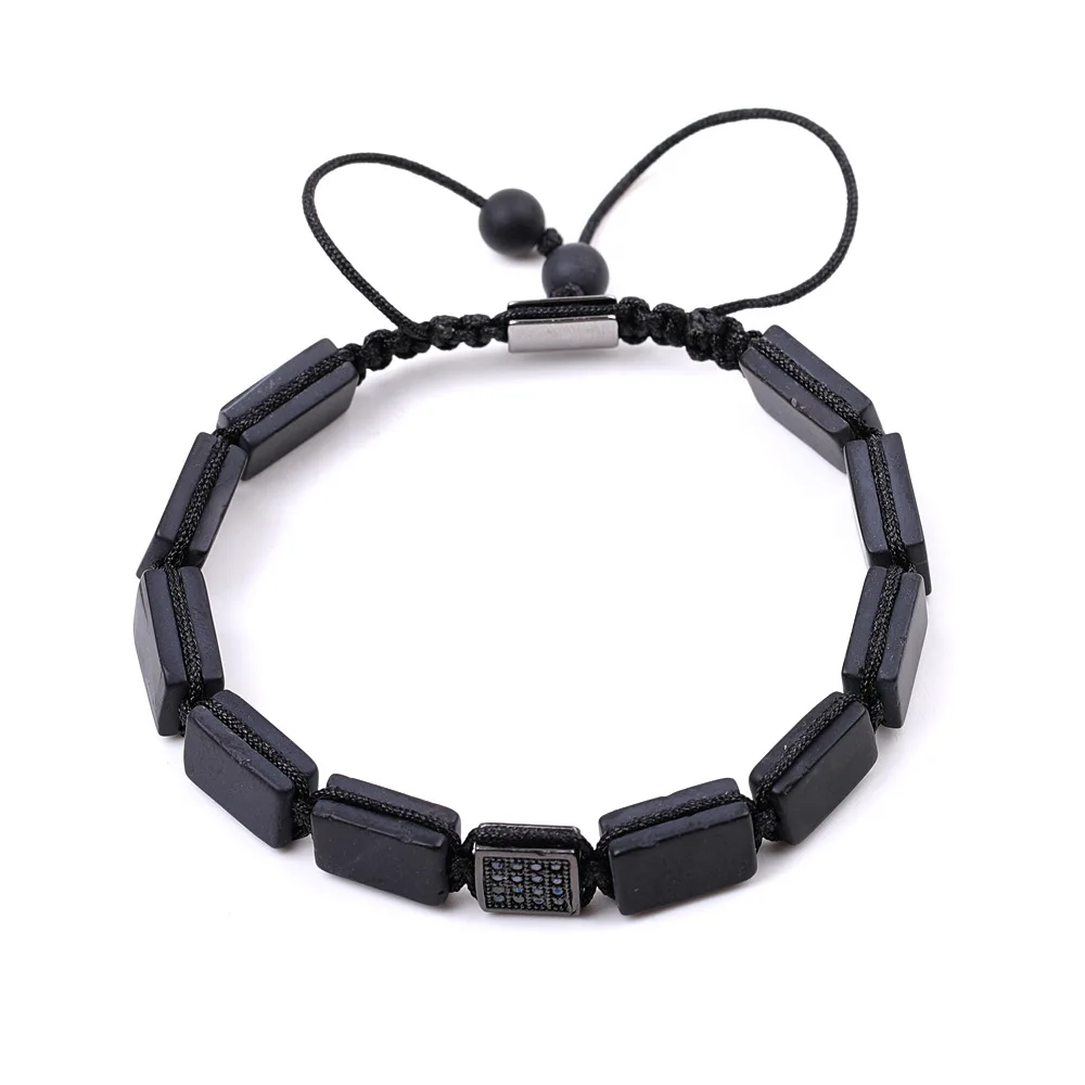 Fashion Adjustable Mirco Pave Cube Charm Natural Map Tiger Eye Onyx Stone Square Beads Macrame Jewelry Bracelet for Men Women