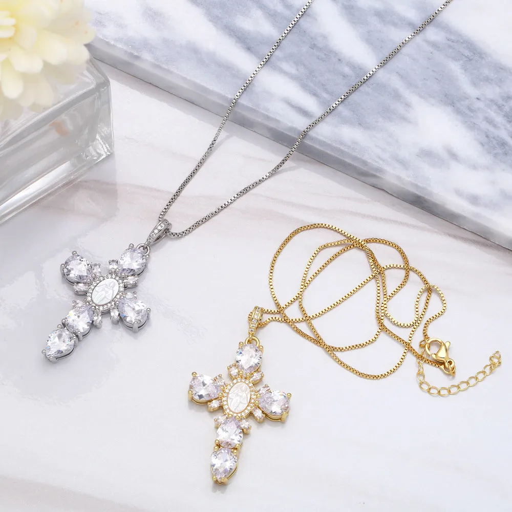 Luxury cz diamond zircon pave cross pendant virgin mary necklace jewelry for girls