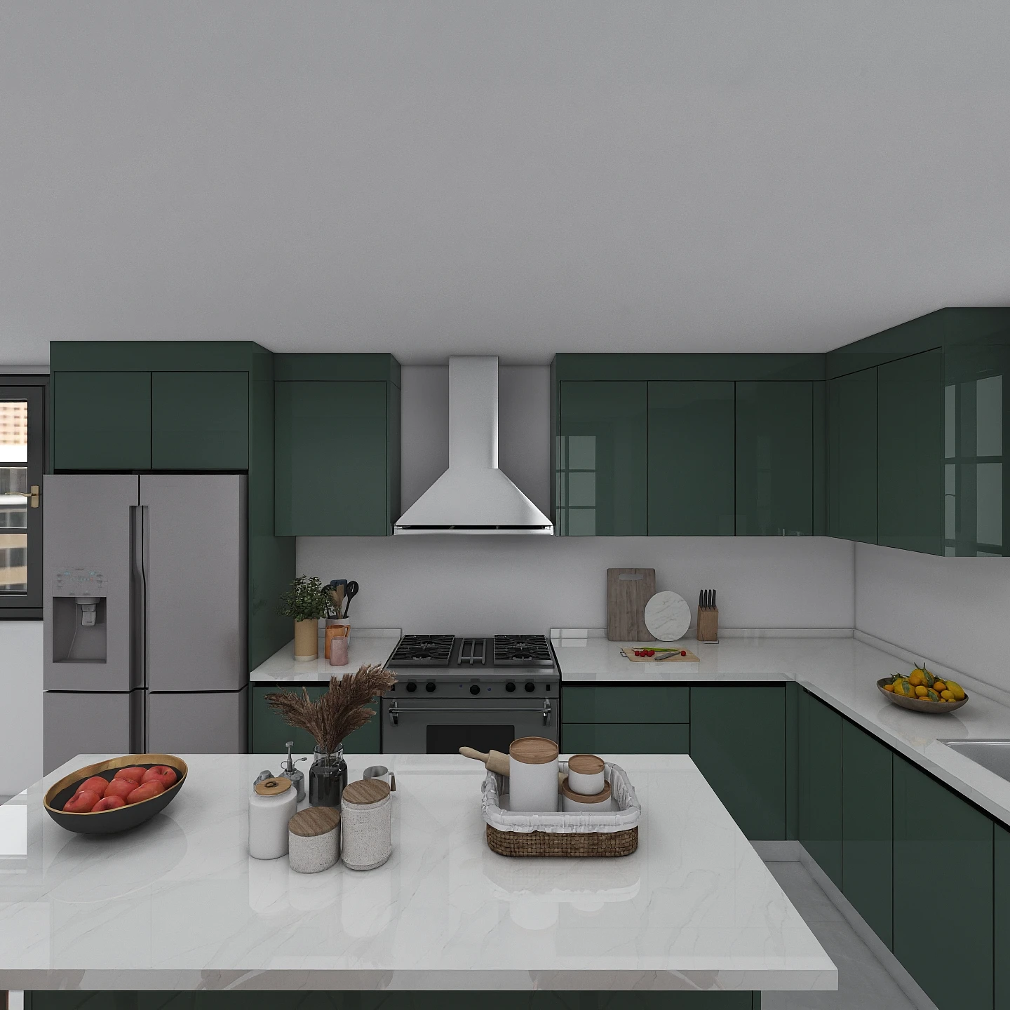 Luxurious Classic Stainless Steel Custom Design Marble Island Full Compete Metal Kitchen Cabinet Set