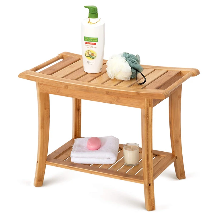 Wood Bamboo Spa Bench with Non-Slip Feets And Storage Shelf For Bathroom Shower Seat And Living Room