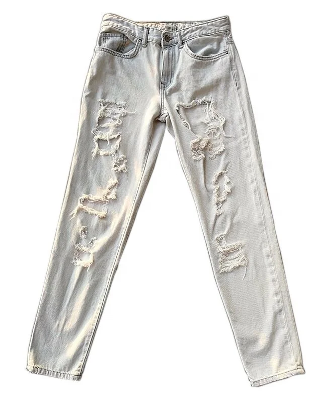 Модные сексуальные джинсы-бойфренды для девушек, джинсы без рисунка, оптовая продажа, потертые однотонные дешевые белые рваные джинсы для женщин