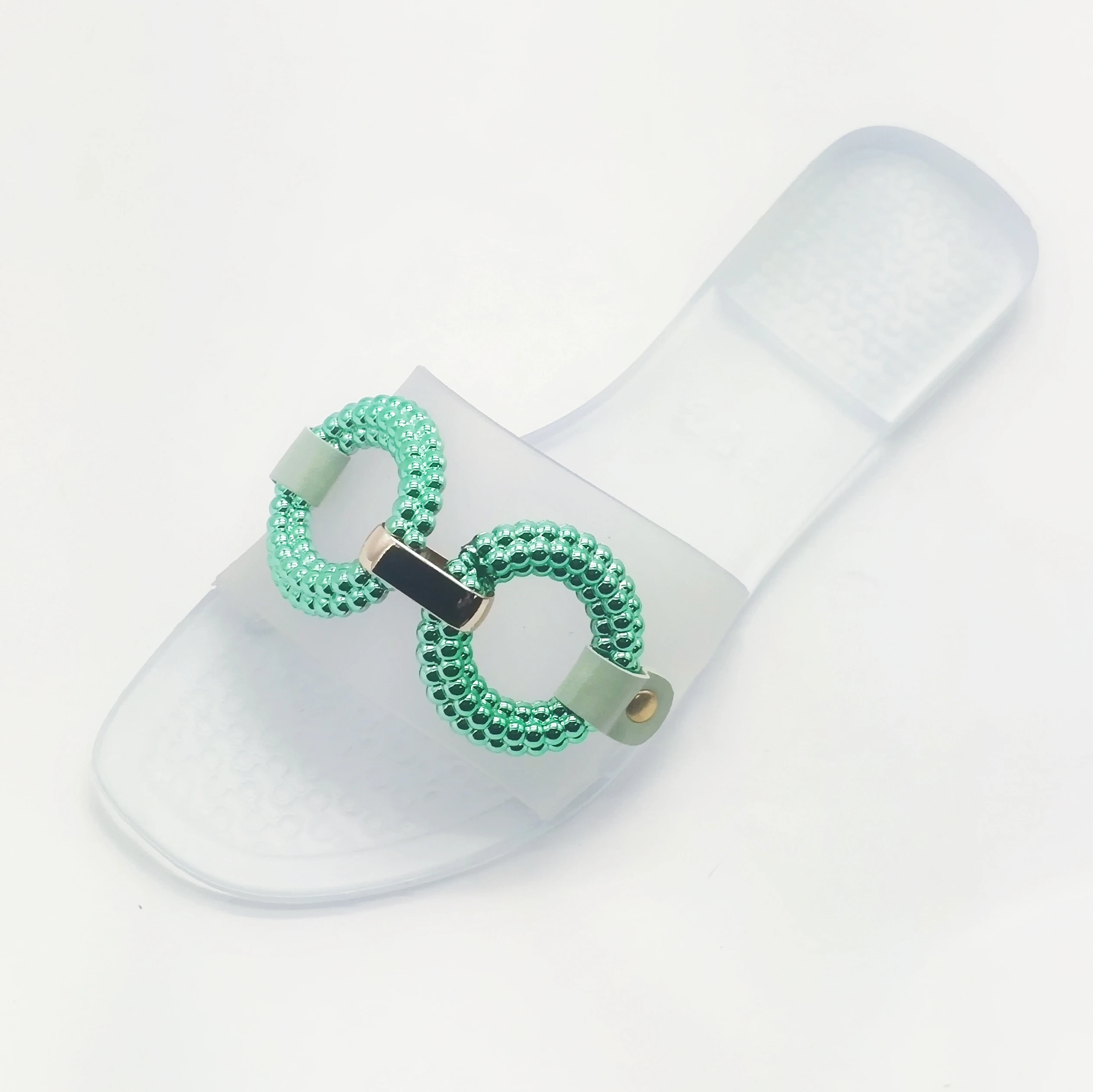 2021 customizable shoe upper jewelry shiny double ring open toe jelly slippers casual outdoor beach jelly sandals for women