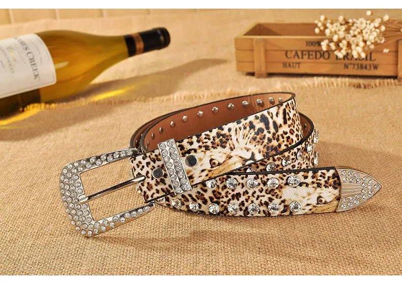customizable Women Girls Leopard Waistband Alloy PU Leather Waist Belts Rhinestone Leopard Buckle Belt