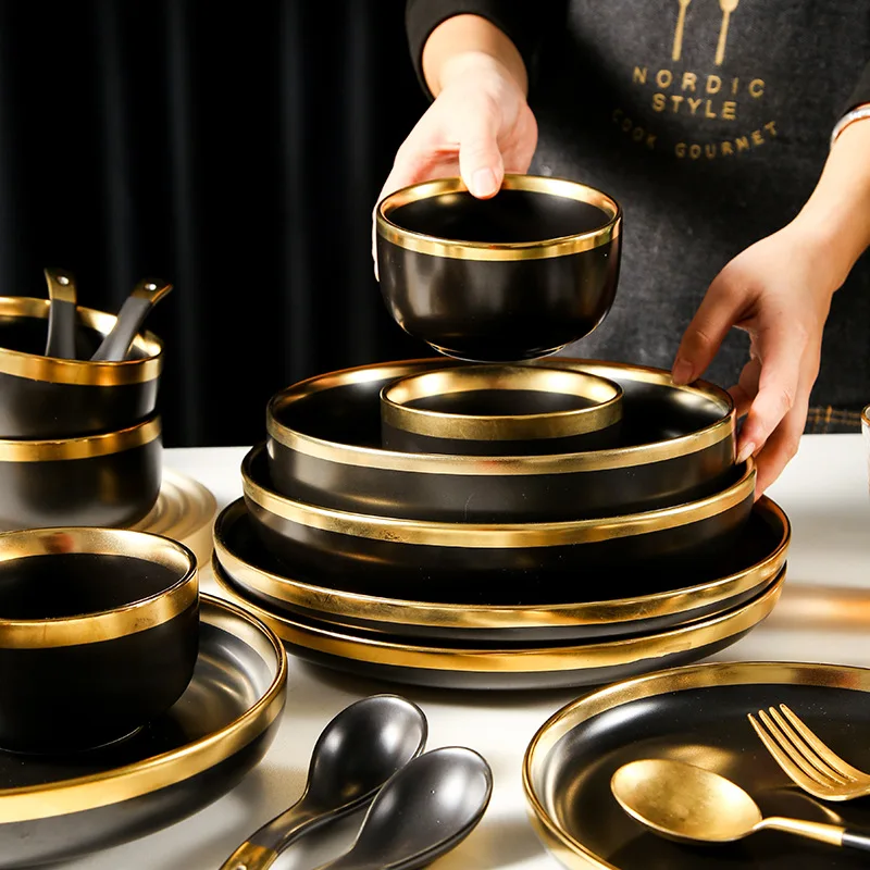 New Gold ceramic dinner plate, dinnerware Restaurant  matte black brushed gold wholesale