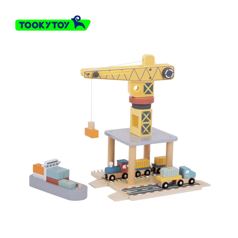 RTS Dock crane wooden toy, shipping container simulation transport playhouse toy, tower crane model toy with lifting function.