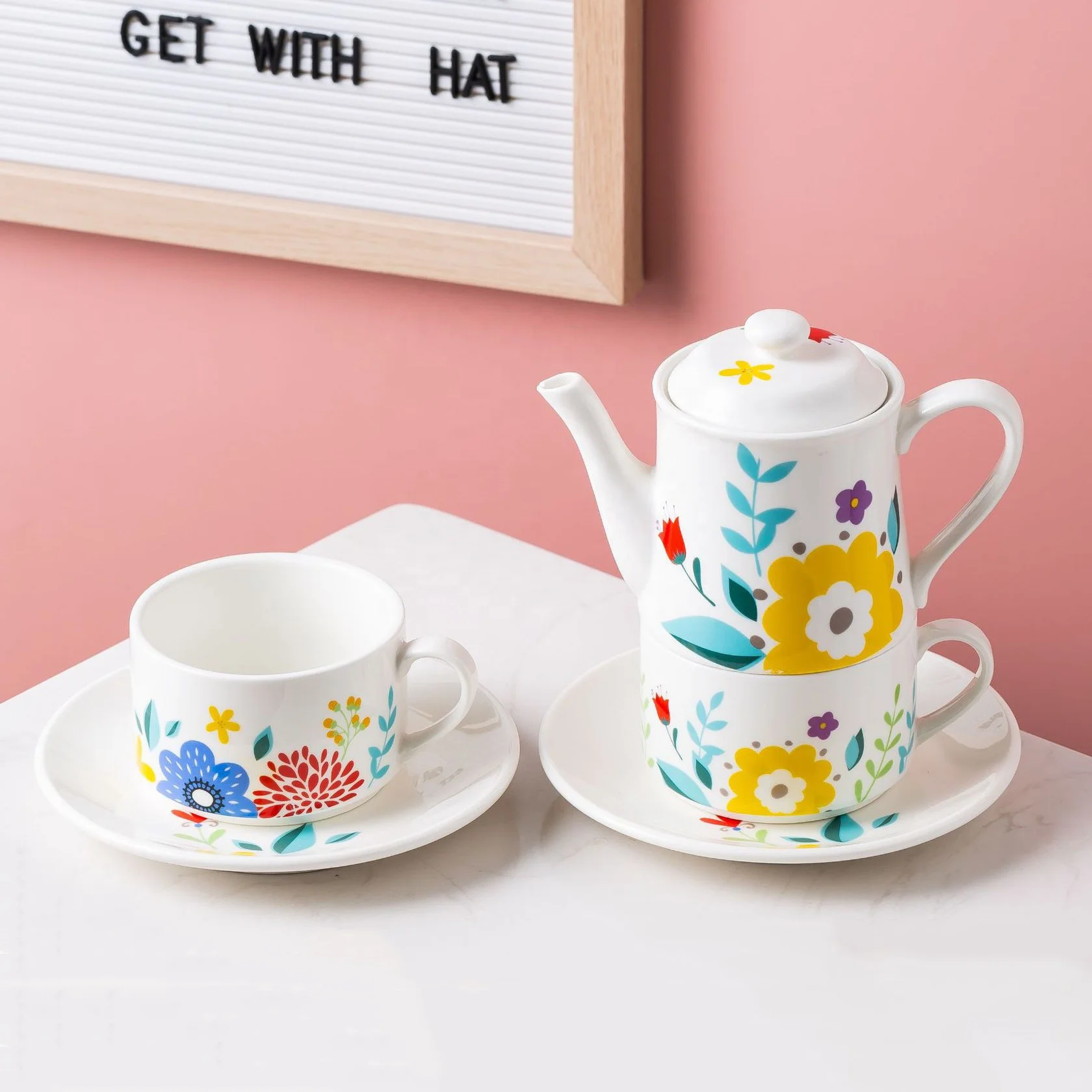 Wholesale Stackable Ceramic Tea Pot with 2 Tea Cups Set Flower Printed Tea for Two Gift Set
