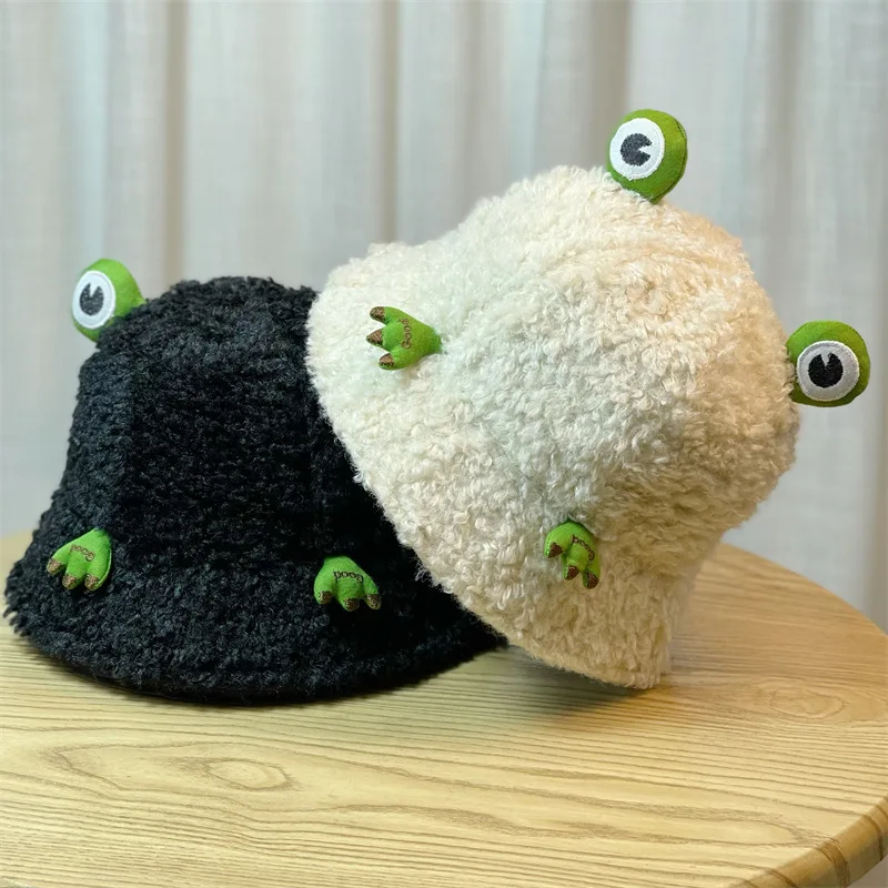 MOTE-ZA314 High Quality Frog Lamb Hair Fisherman Hat cute bucket hats Wool Hats Warm Women Winter Cap