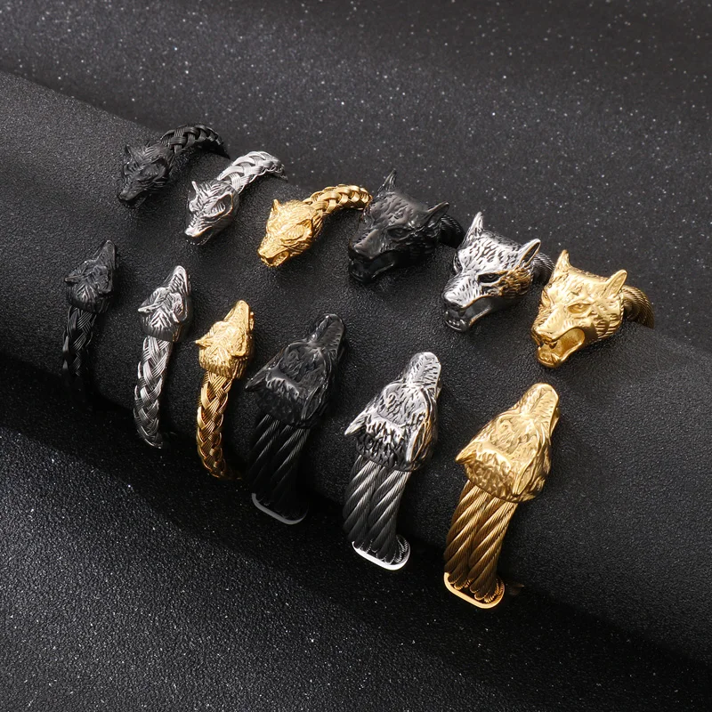 KALEN Wolf Skull Head Bracelet Stainless Steel Braided Cable Cuff Bracelet Bangle