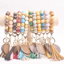 Colorful Silicone Wood Bead Wristlet Keychain Retro Bracelet Bangle Tassel Wristbands Keychain