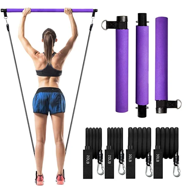 3 sections Adjustable fitness Yoga Bar Pilates Stick Kit Pilates Bar Set with Resistance ropes