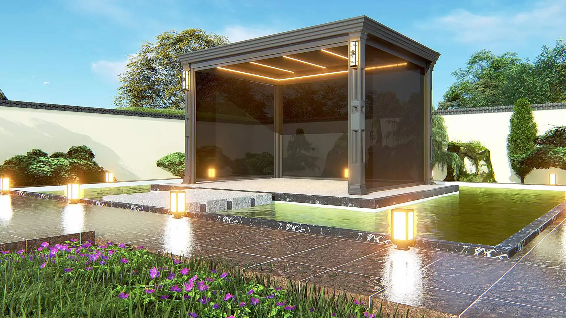 Modern Aluminium Electric Roof Metal Pergola Kits Powder Coated Motorised Outdoor Garden Pergola Alloy Stone Bamboo Frame