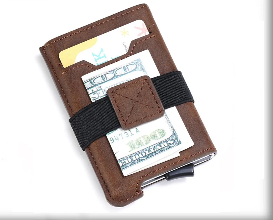 Men RFID Blocking Card POP UP SLIDER Wallet Case Genuine Leather With Elastic Band Cash Holder