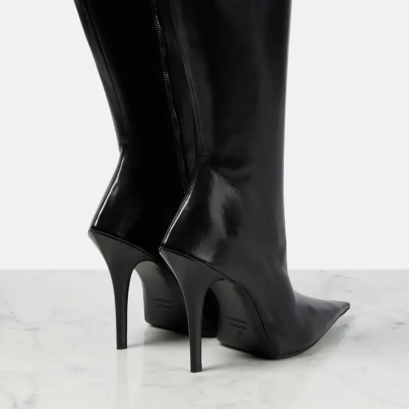 Xinzirain Custom Design Large Size Strange Stiletto Heels Pointed Toe Side Zipper Leather Boots Women Knee-High