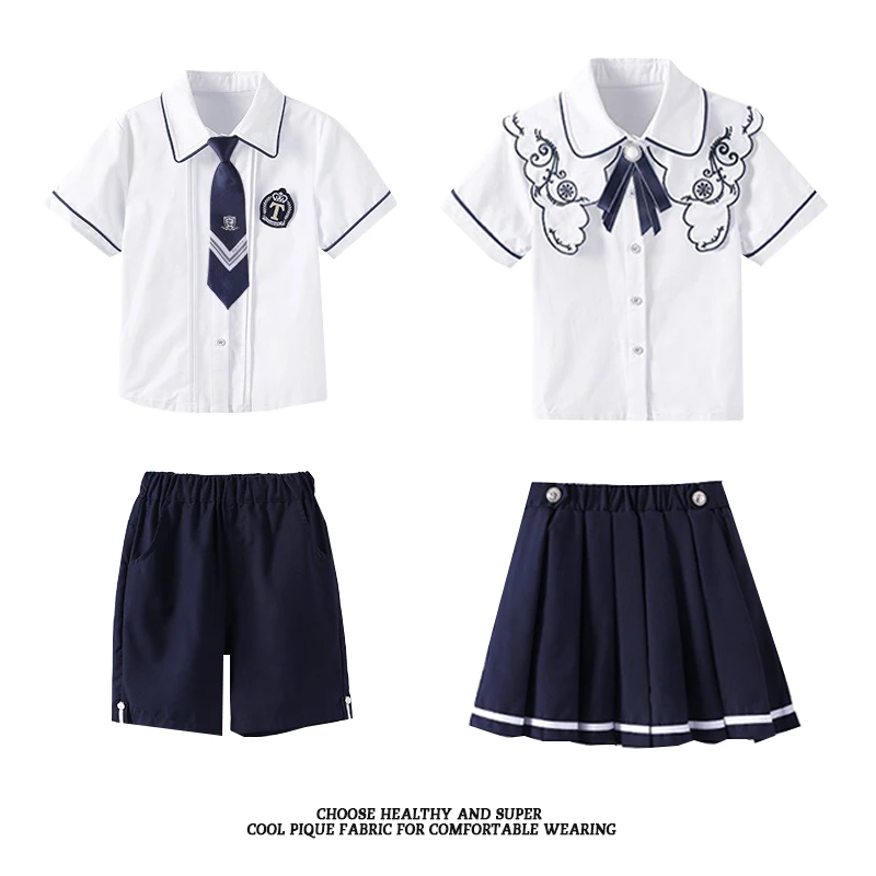 custom your own design two piece short sleeve boy white shirt short set kids girl pleated skirt Chinese style school uniform