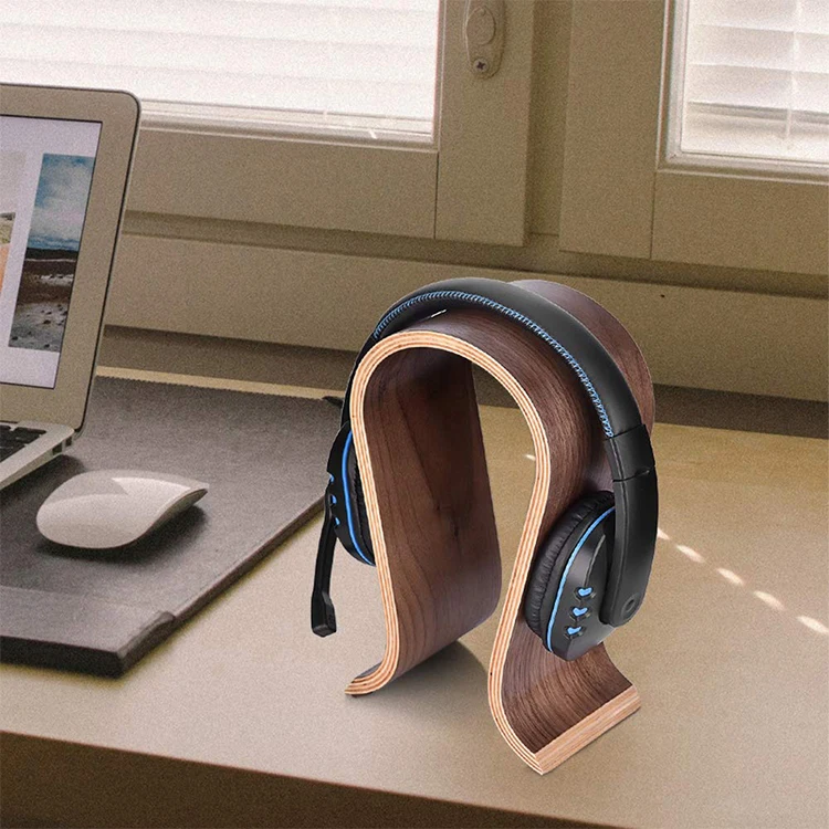 Fashion Walnut Surface Desktop Wood Headphone Display Stand For Gaming And Office