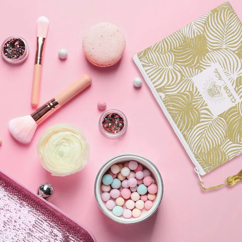 Lady Cotton Canvas Gold Glitter Printing Cosmetic Make Up Bag With Tassel