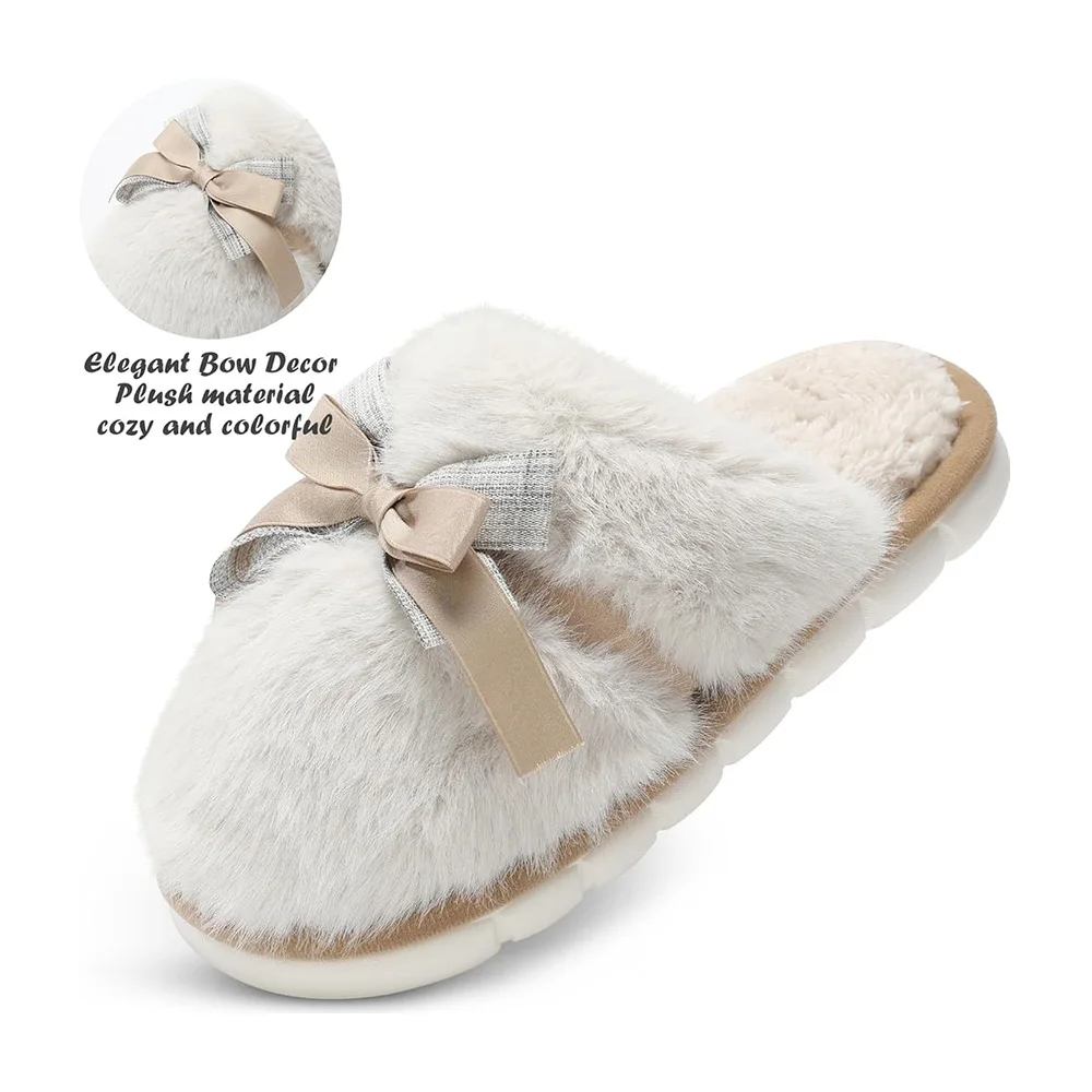 Memory Foam House Slippers with Butterfly Tie for Women Fuzzy Plush Comfy Faux Fur Slippers Anti-Skid Indoor Outdoor Slippers