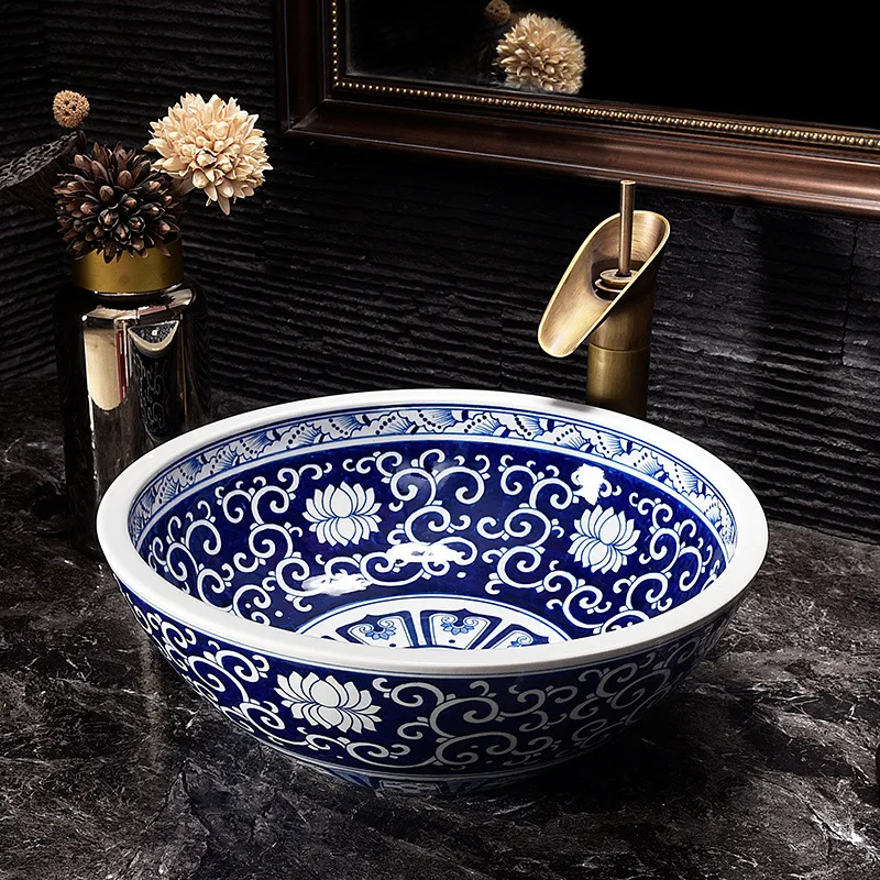 Blue And White Chinese Antique ceramic sink wash basin Ceramic Counter Top Wash Basin Bathroom Sinks small sink bathroom