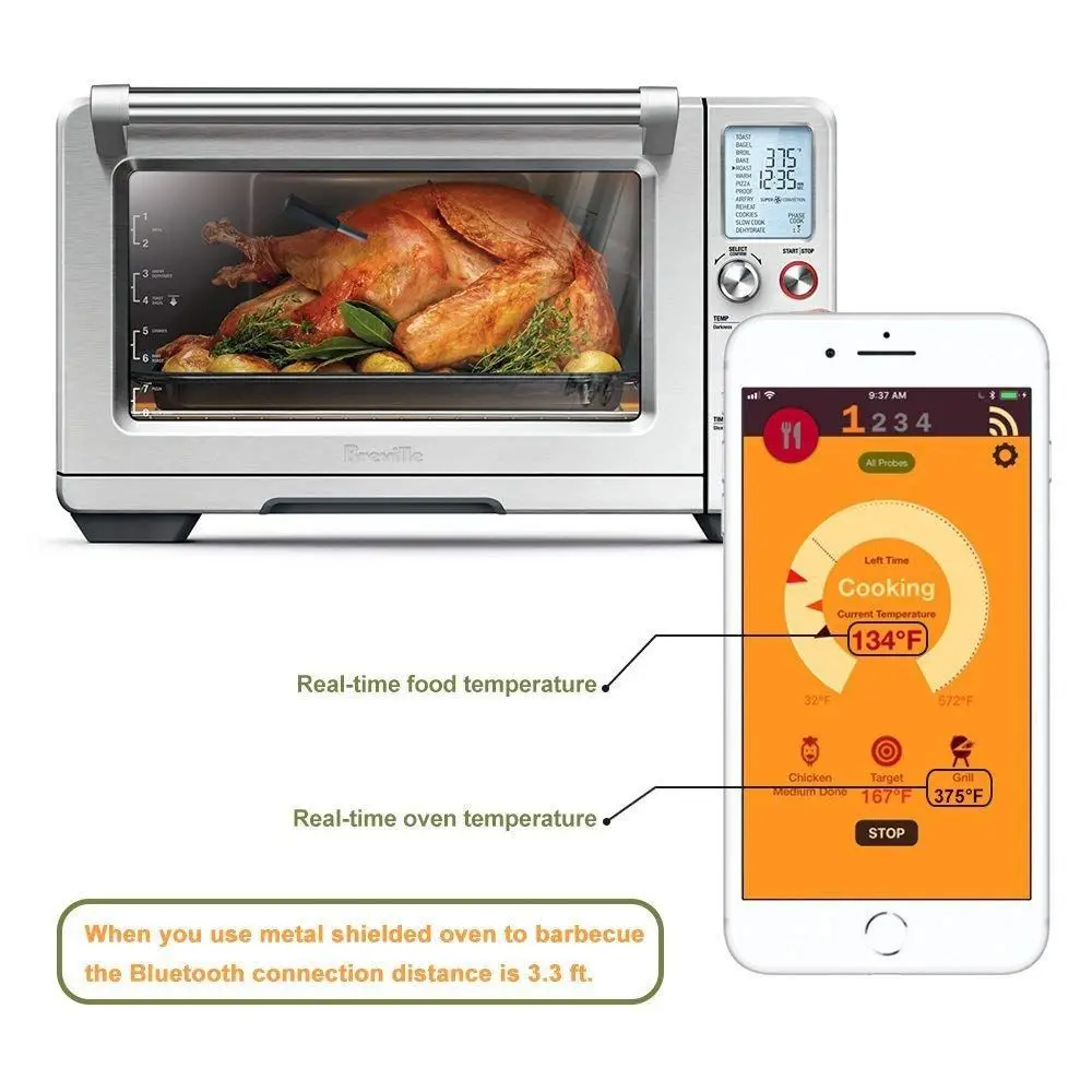 
High quality IP67 waterproof Good quality 30m control Smart wireless BBQ Kitchen Cooking Food Meat Thermometer with gril App 
