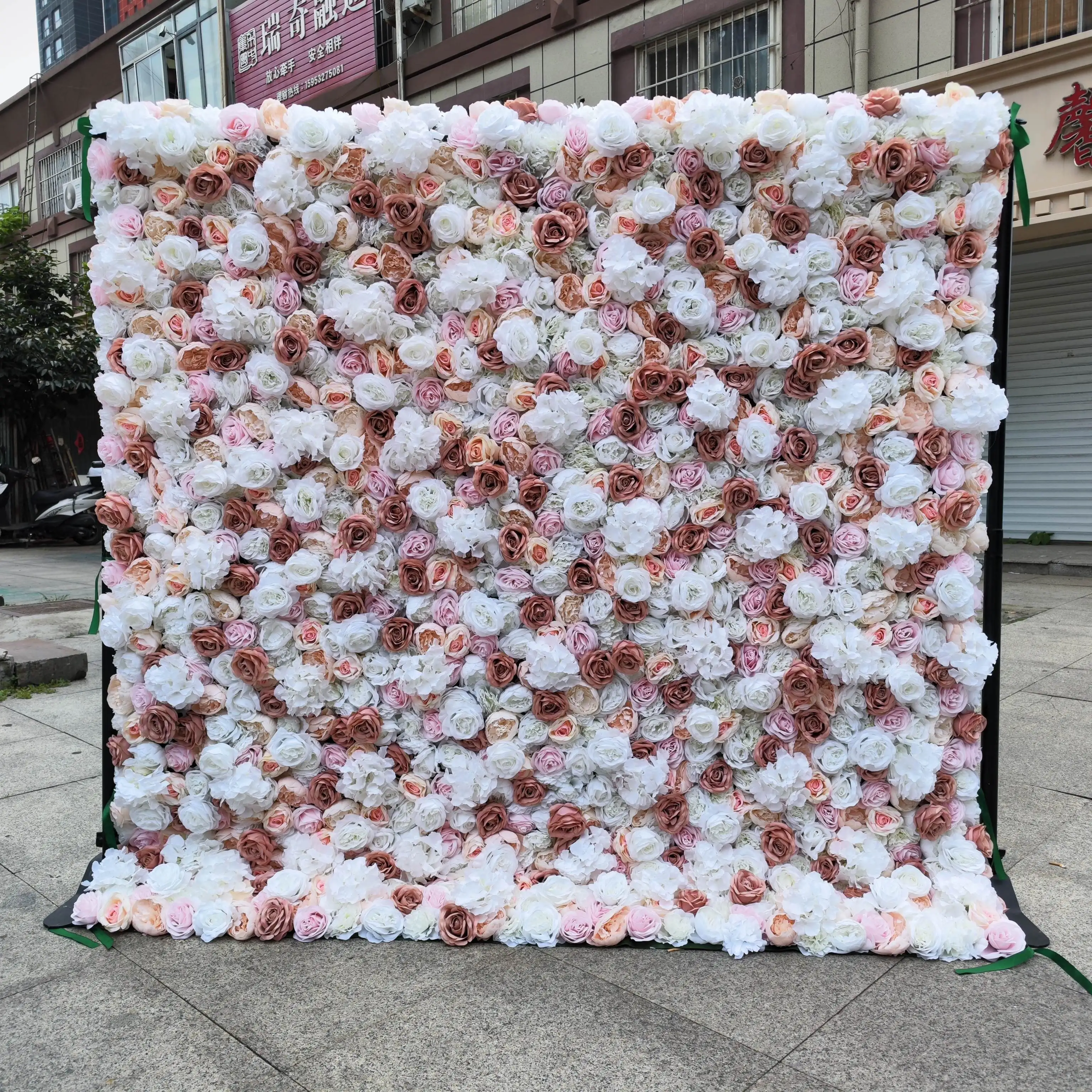 EG-VB019 Custom 5D fabric cloth roll up flower wall runner wedding artificial rose pink yellow flower wall silk  panel backdrop