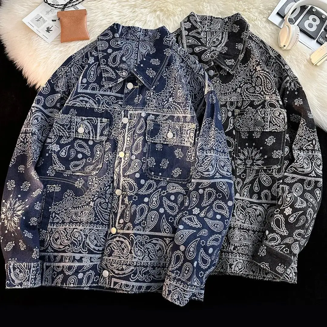 Wholesale 2024 Autumn Vintage Chaquetas De Mezclilla Paisley Printed Denim Jeans Jackets For Men
