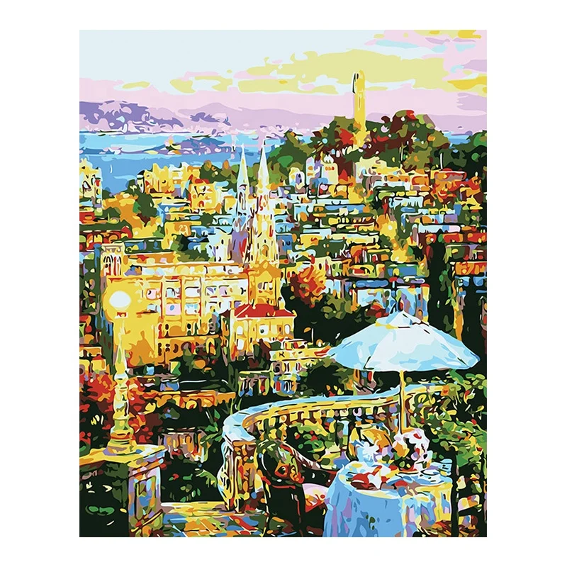 100% Handmade watery city landscape art digital canvas oil painting