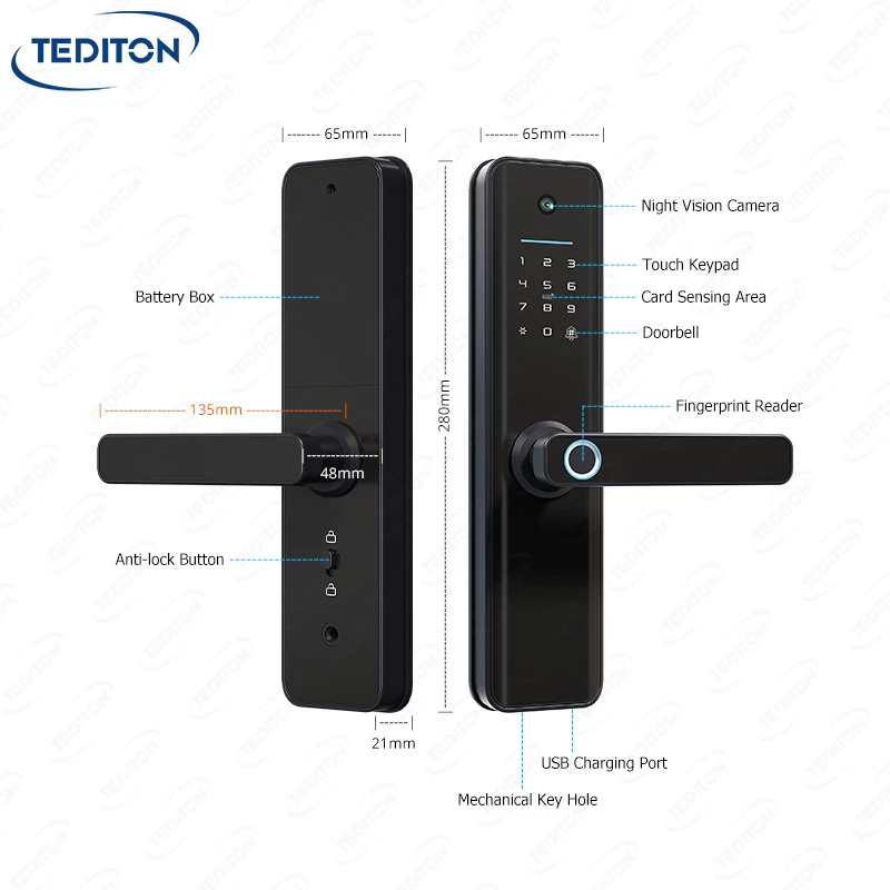 Tediton New Design Tuya Smart Lock Digital Viewer Password Key Cards APP Fingerprint Camera Door Lock