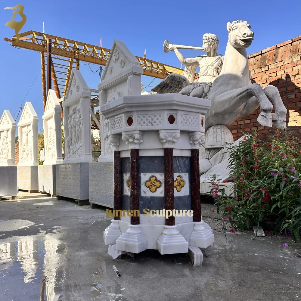 Hand Carved Religious Holy Cross Natural Stone Baptistery Marble Baptismal Font Catholic