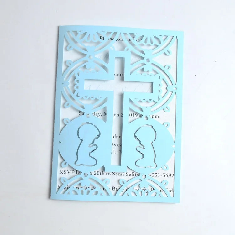 Christian cross design laser cut boy baptismal invitation cards wrap for first communion decoration