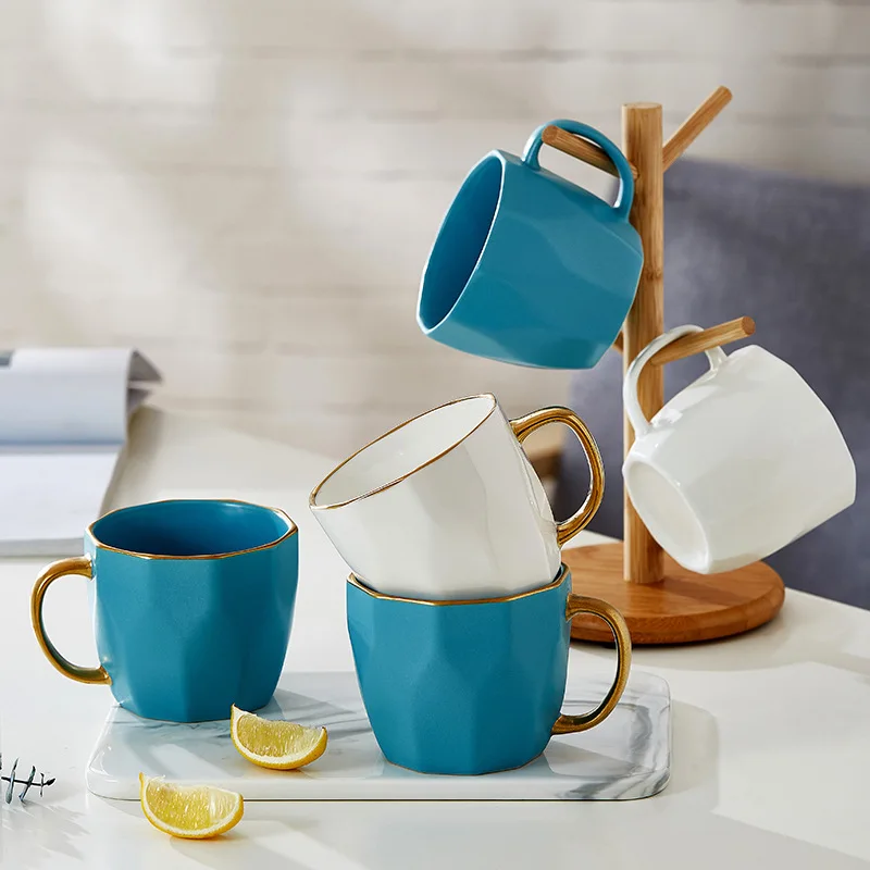 Nordic Light Luxury White Ceramic Mug with Golden Handle New Bone China Blue Cup Ceramic Bulk Mugs