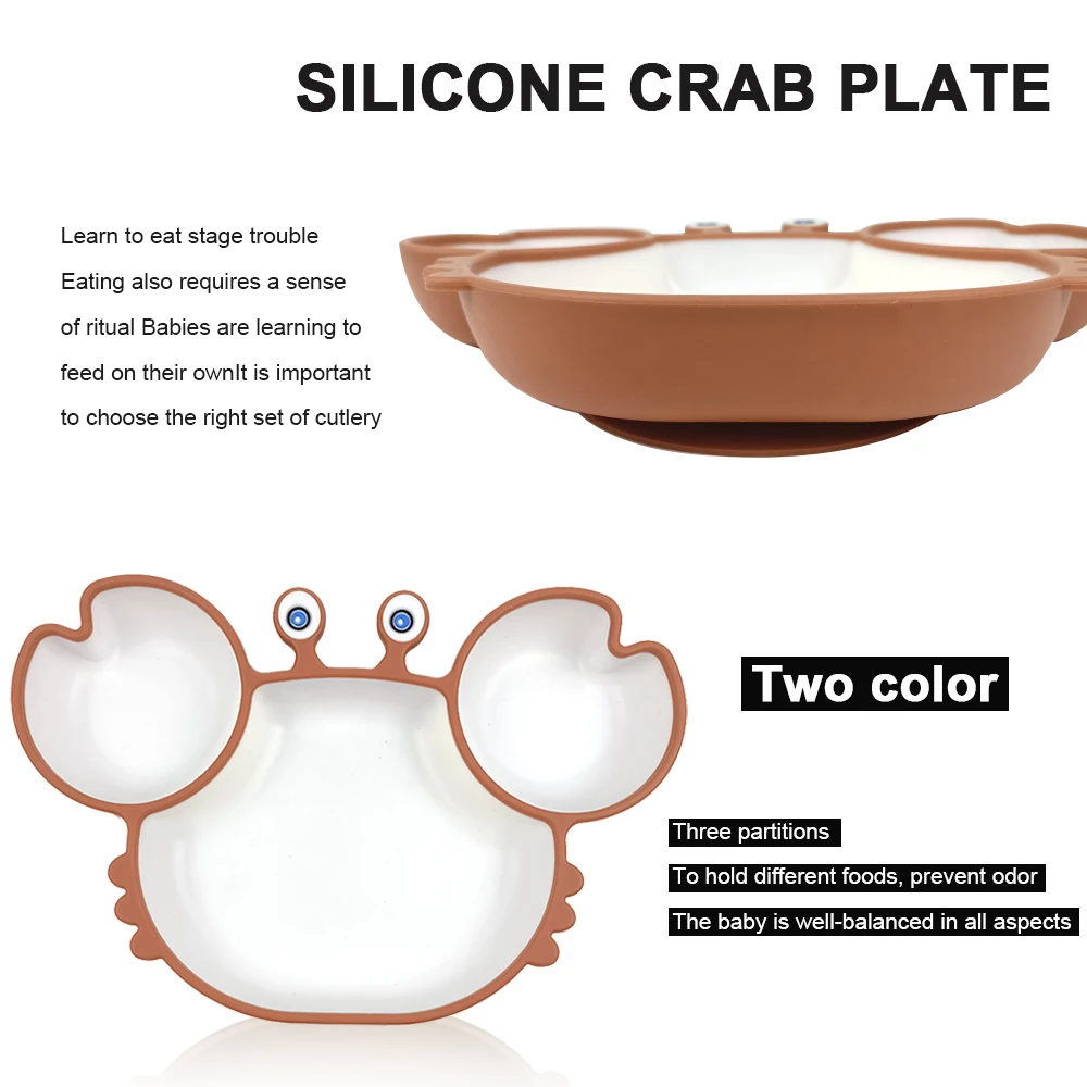 Original Factory Crab Plate Unbreakable Divided Dish Microwave Safe Cute Children Kids Suction Silicone