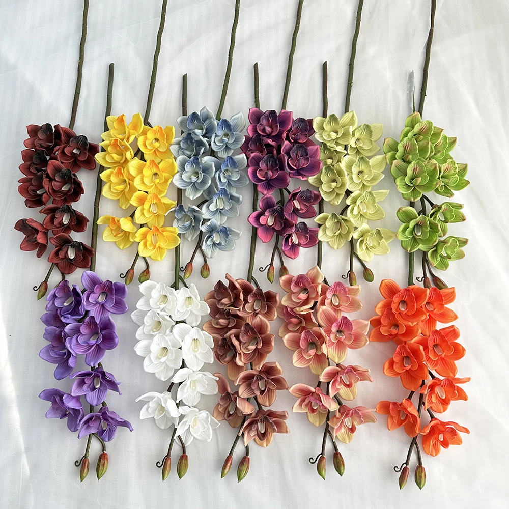 PU 8 Heads Cymbidium Real Touch Silk Phalaenopsis Artificial Orchid Flowers Wedding Home Room Garden Decoration Graduation