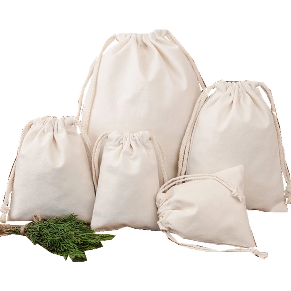 
Recyclable Calico cotton drawstring gift pouch with custom logo/design, small natural color tote bag with strings jewelry bag 