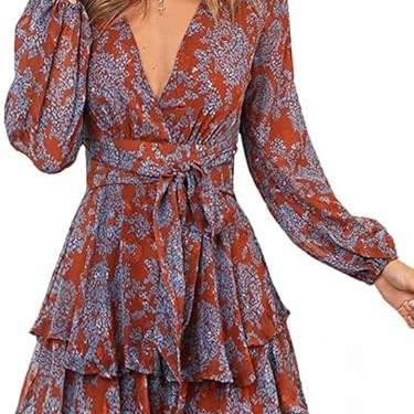 Factory Custom Womens Spring Summer Knot Front V Neck Ruffles Long Sleeve Floral Print Swing Mini Dress