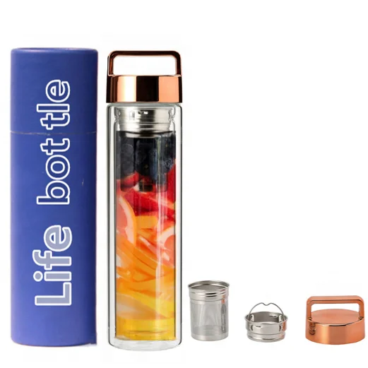 Double tea filter in glass water bottle single layer tea bottle with replaceable lid