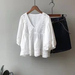 BL830018 korea style fashion vintage puff sleeve lace patchwork v neck summer women shirts blouses and tops