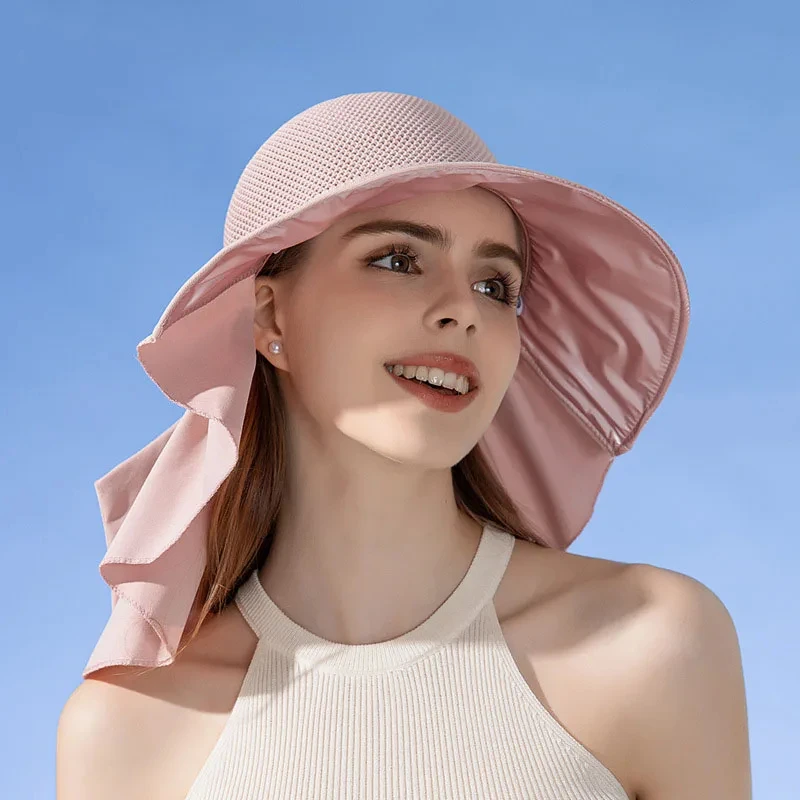 2024 New Knitted Hollow Out  Mesh Women Bucket HAT With Neck Flap Wide Brim UV Protection