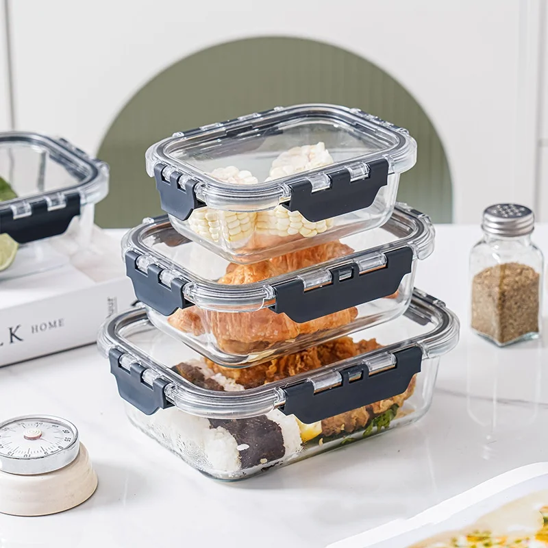 Rectangular round square 3-piece set high borosilicate heat resistant microwavable glass storage containers disposable lunch box