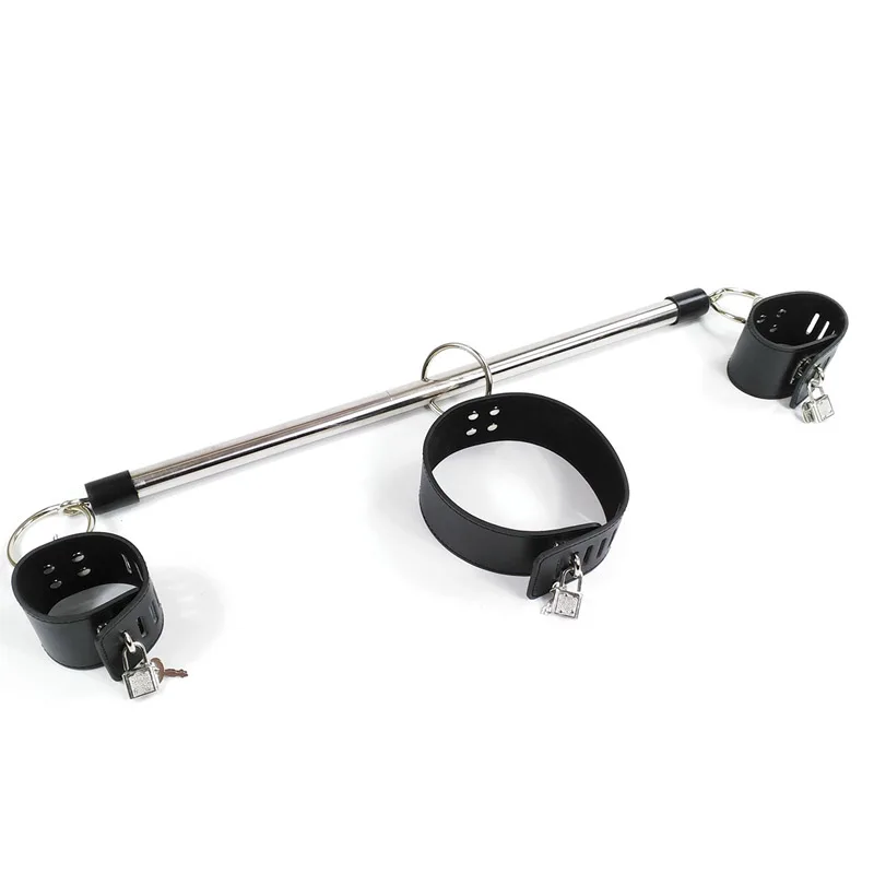 Women Sex Fetish Bondage Wrist Restraint Sex Toys For Couples Leather Ankle Cuffs Stainless Steel Spreader Bar WIth Neck Collar
