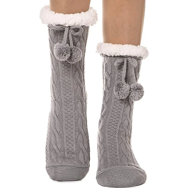 Factory Wholesale Custom Women Fuzzy Slipper Socks Winter Warm Fleece Soft Thick Cozy Knitting Socks With Grips