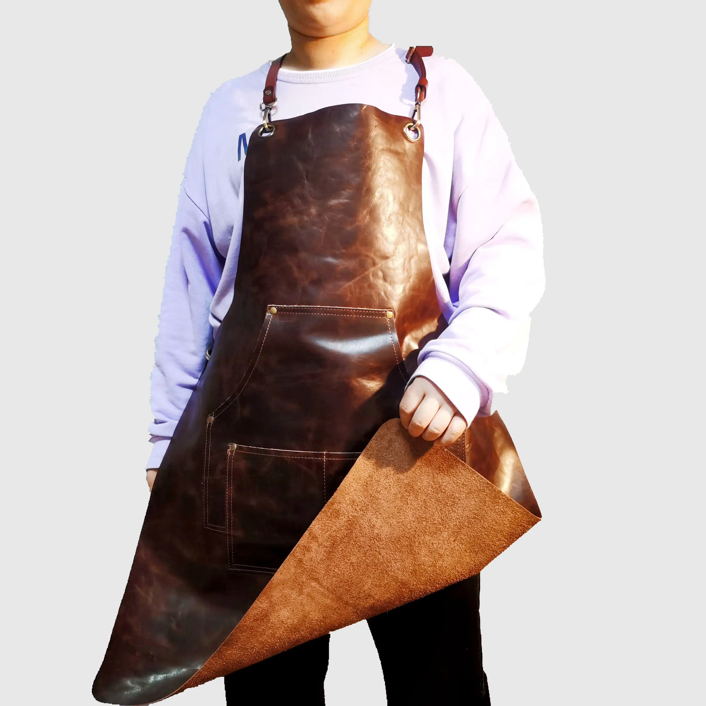 Wholesale Customized Genuine Leather Grill Apron Cow Dermis Brown Handcraft Uniform Apron with Pockets Logo Welding BBQ Aprons