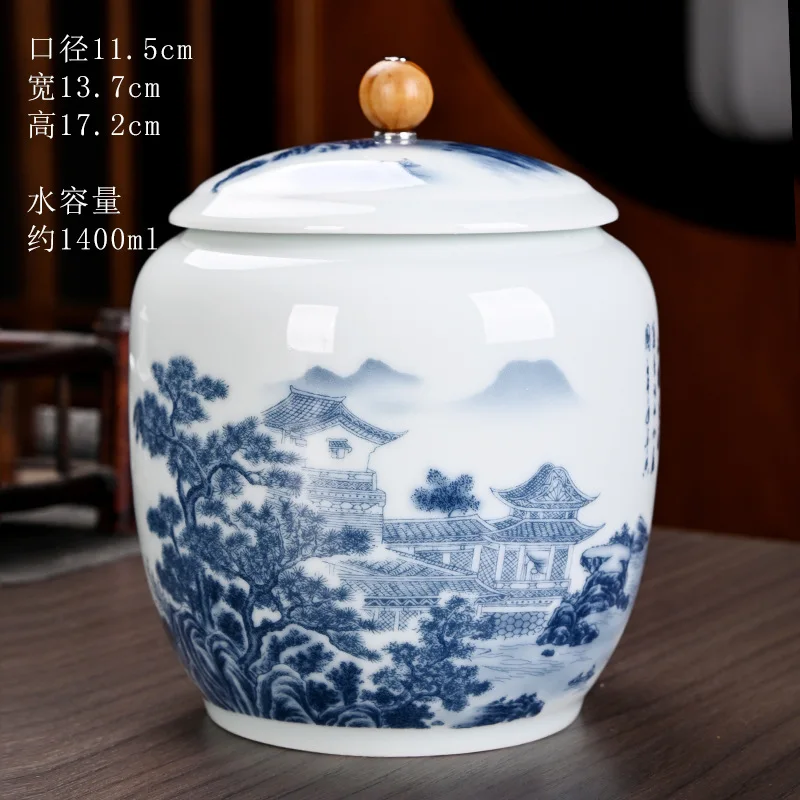 portable porcelain food and tea and rice storage jar with wood knob lid porcelain storage can